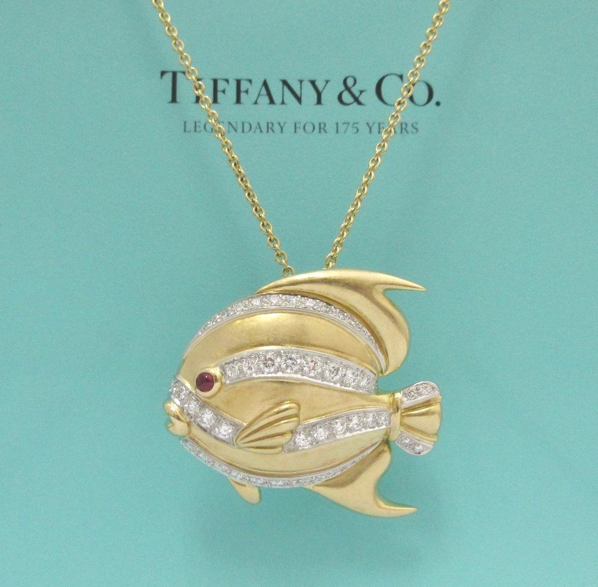 Women's TIFFANY & Co. 18K Yellow Gold Diamond Ruby Fish Pendant Necklace Large For Sale