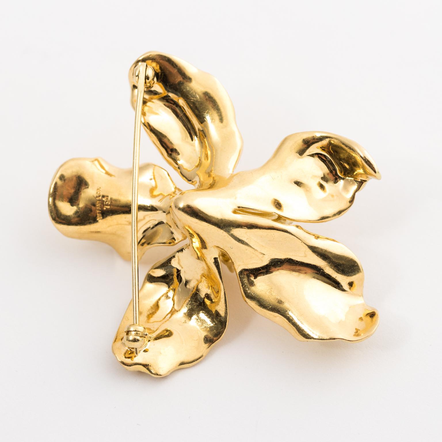 Tiffany & Co. 18 Karat Yellow Gold Diamond Sculpture Orchid Brooch Pin 1