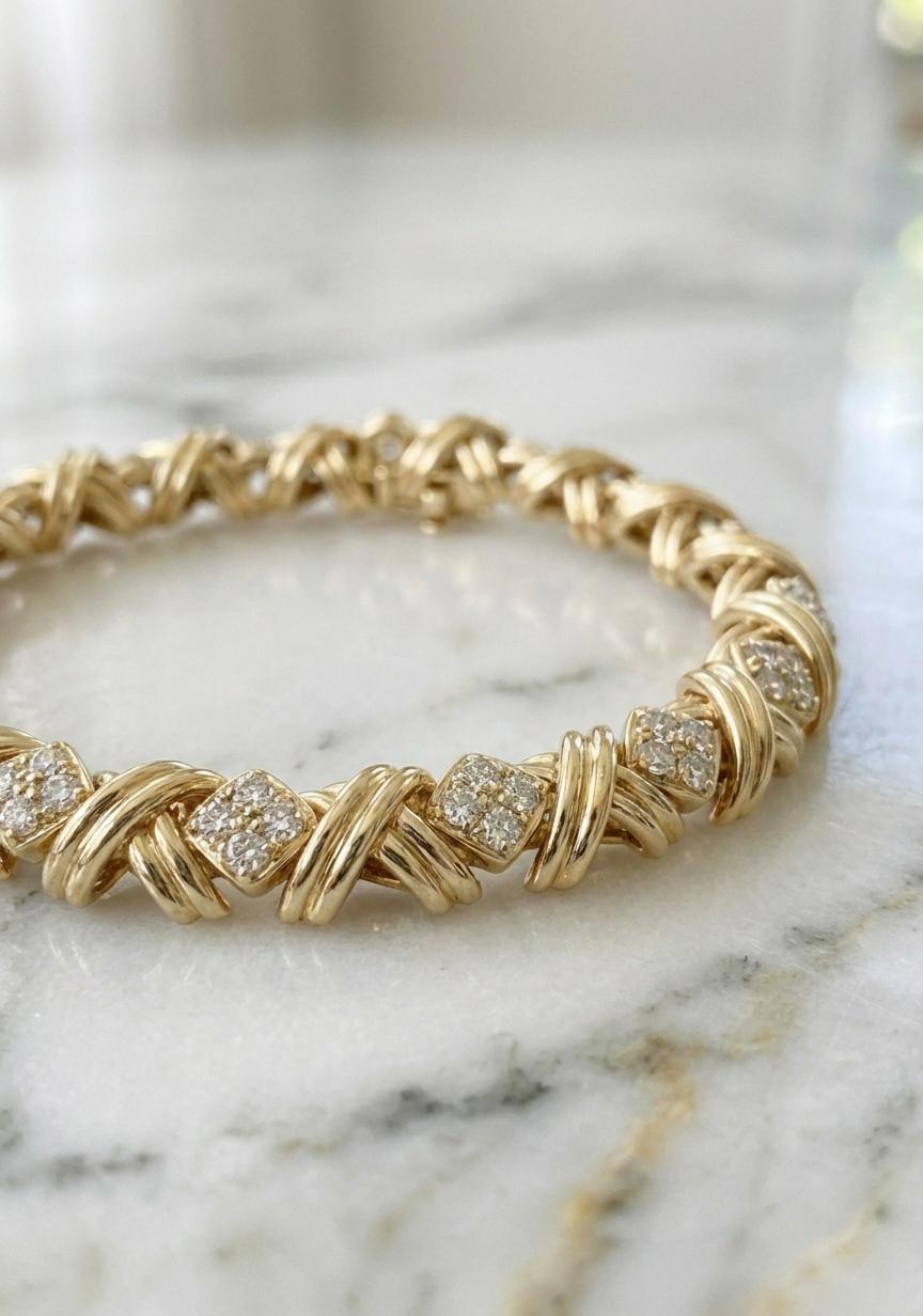 Tiffany and Co. 18K Yellow Gold Diamond Signature X Link Bracelet For ...
