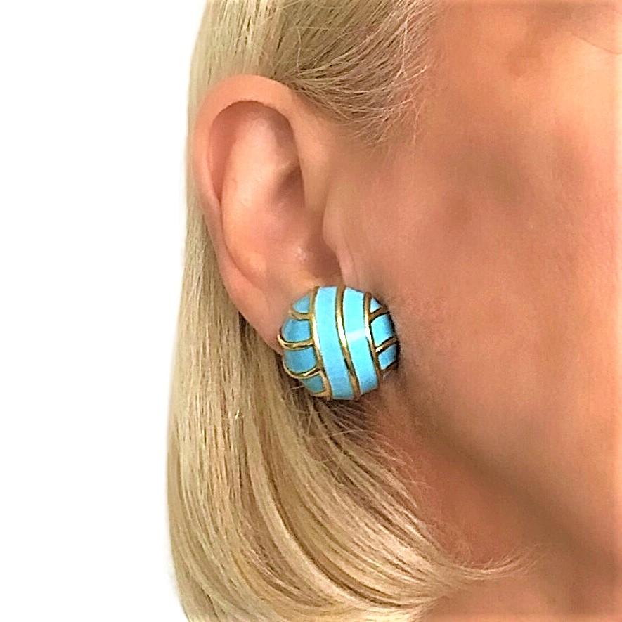 Tiffany & Co. 18k Yellow Gold Dome Earrings with Robins Egg Blue Enamel For Sale 6