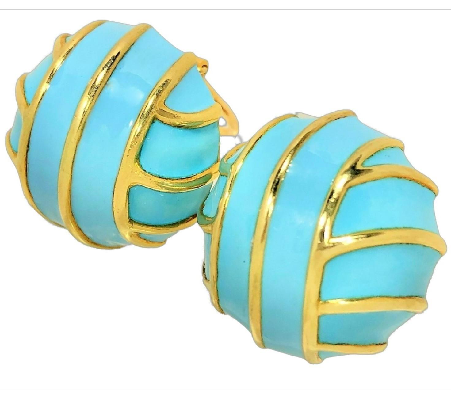 18 Karat Gelbgold Kuppel-Ohrringe von Tiffany & Co. mit blauer Emaille in Robins Egg im Zustand „Hervorragend“ in Palm Beach, FL