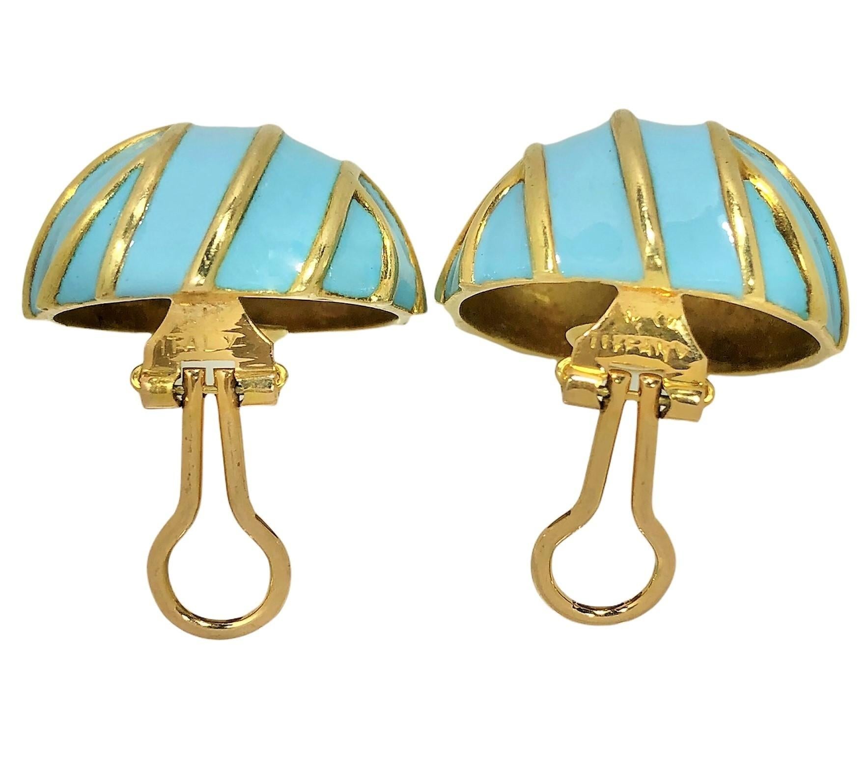 18 Karat Gelbgold Kuppel-Ohrringe von Tiffany & Co. mit blauer Emaille in Robins Egg 1
