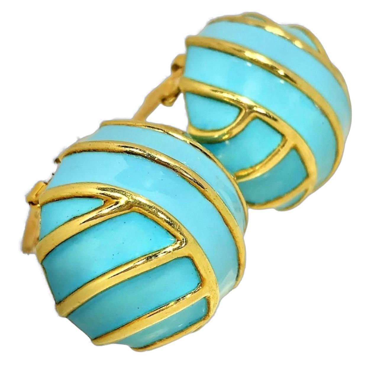 Women's Tiffany & Co. 18k Yellow Gold Dome Earrings with Robins Egg Blue Enamel For Sale