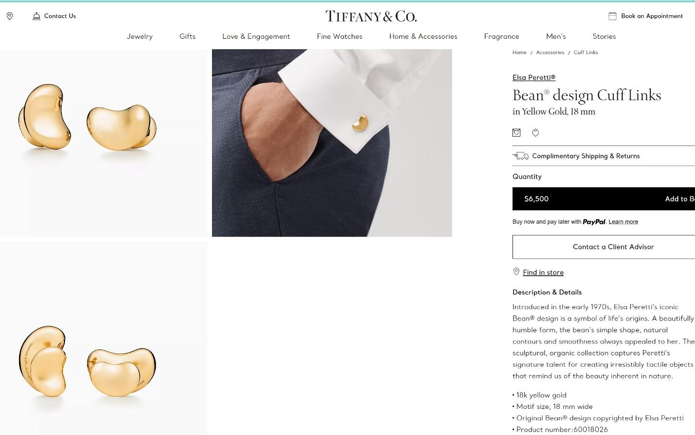 TIFFANY & Co. 18K Yellow Gold Elsa Peretti Bean Cuff Links Cufflinks  1