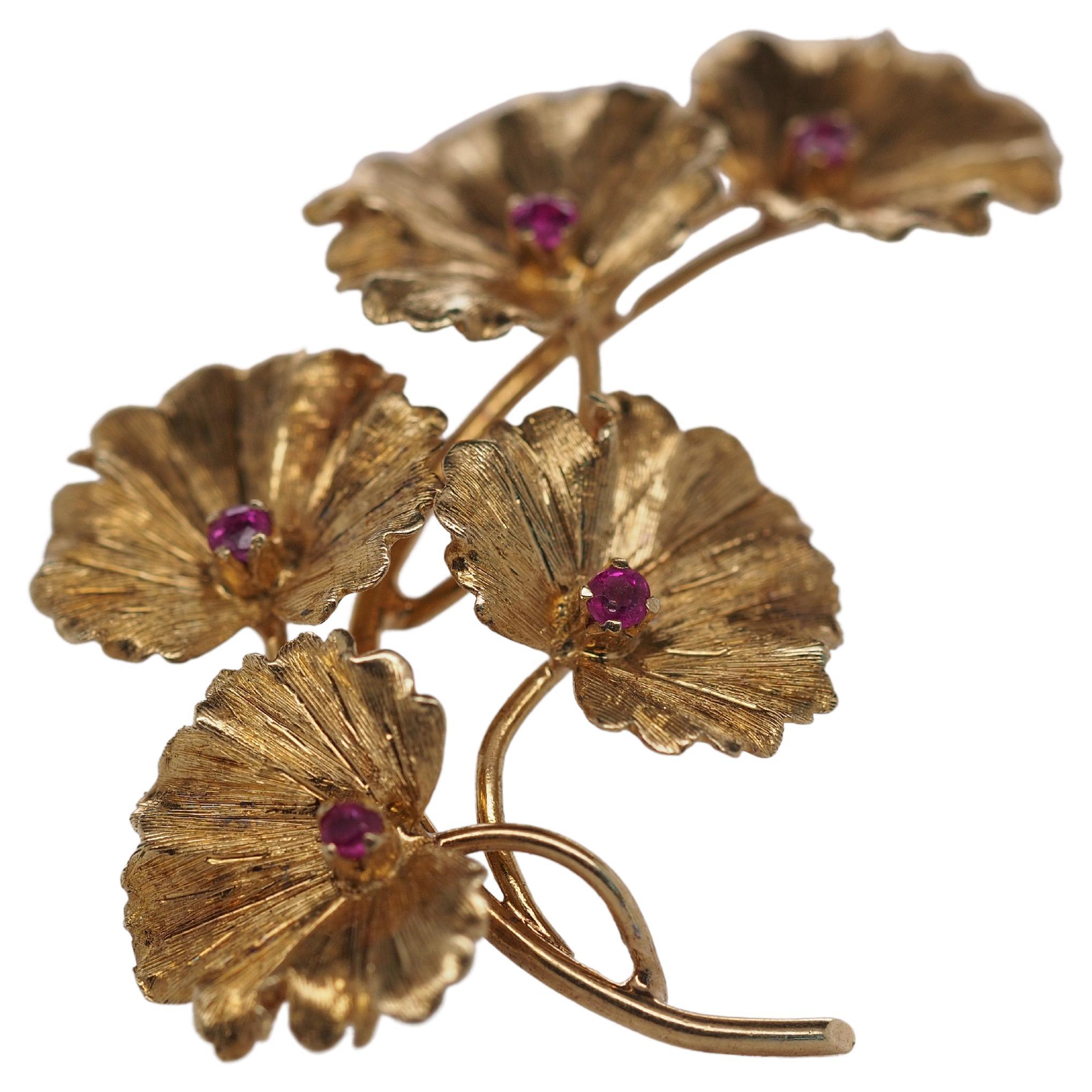 Tiffany & Co 18k Yellow Gold Flower Brooch with Rubies