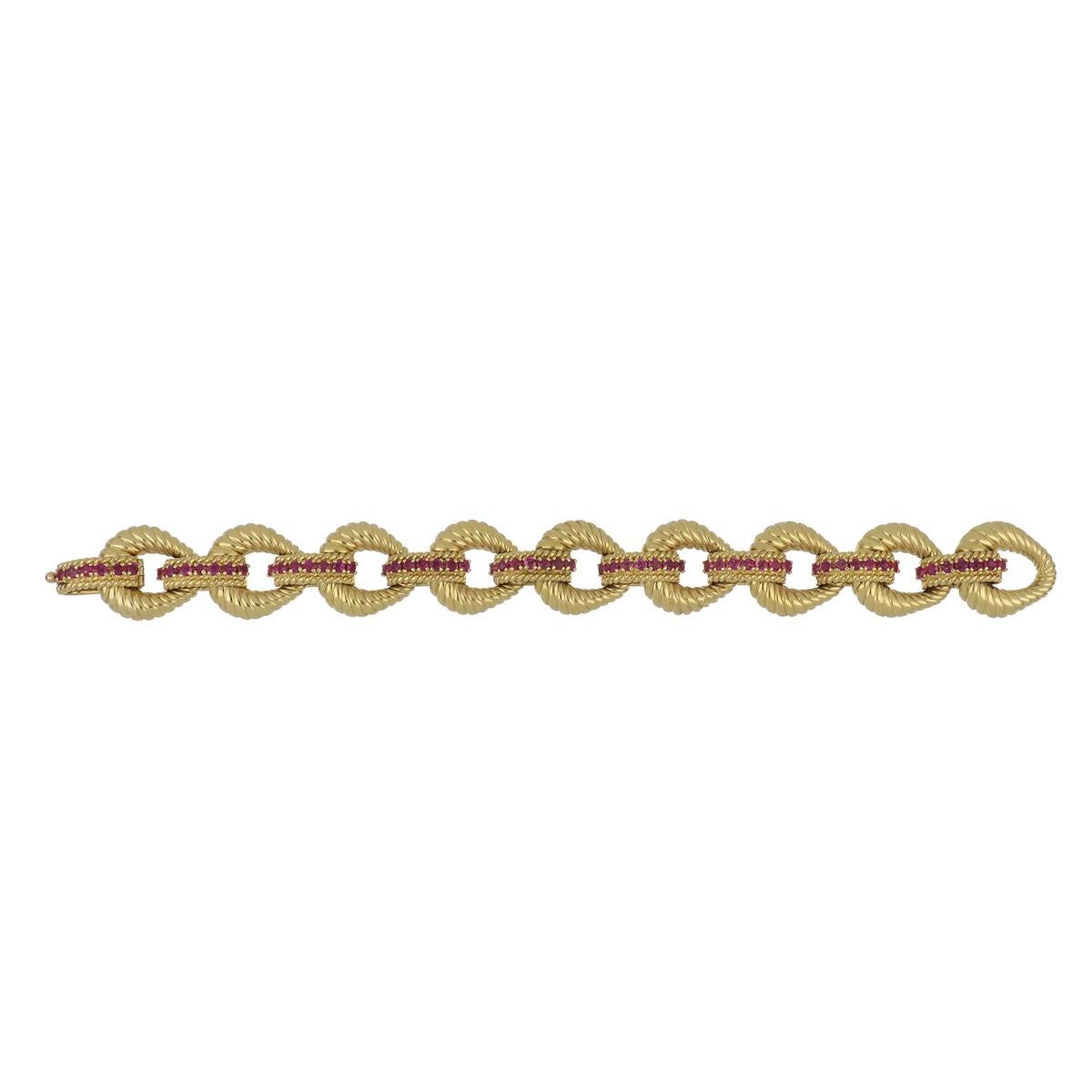 Tiffany & Co. 18K yellow gold heavy twisted-link bracelet accented with round rubies that total 4.73 carats. American, circa 1960.

