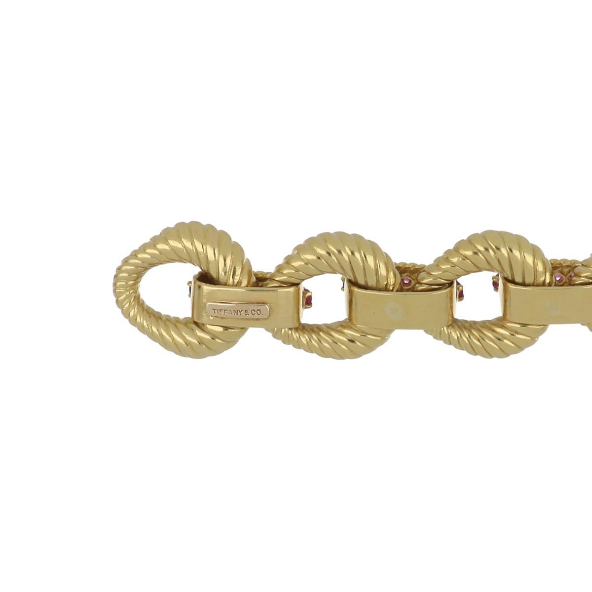 Tiffany & Co. 18k Yellow Gold Heavy Link Bracelet with Rubies In Good Condition In Houston, TX