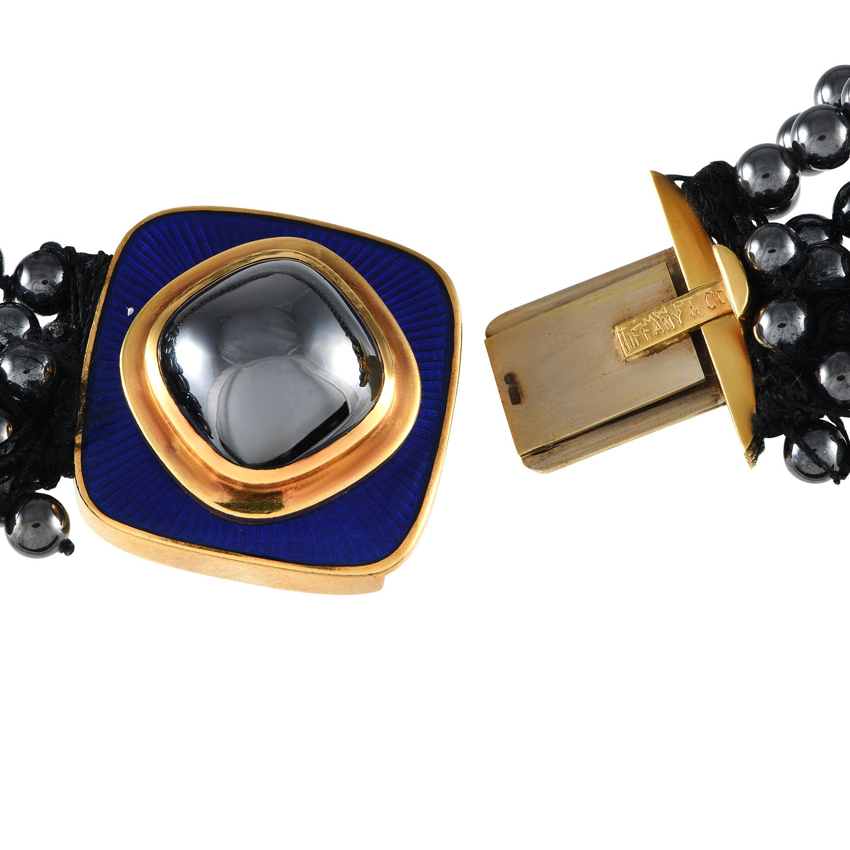 Round Cut Tiffany & Co. 18K Yellow Gold Hematite and Enamel Bead Necklace