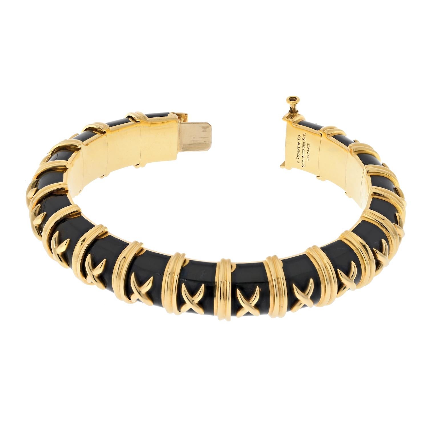 Moderne Tiffany & Co 18K Yellow Gold Jean Schlumberger for Black Enamel Croisillon Bracelet
