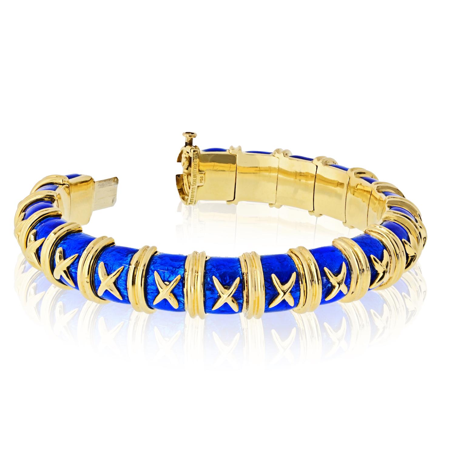 Tiffany & Co. Bracciale Croisillon in oro giallo 18 carati con smalto blu Jean Schlumberger In condizioni ottime in vendita a New York, NY