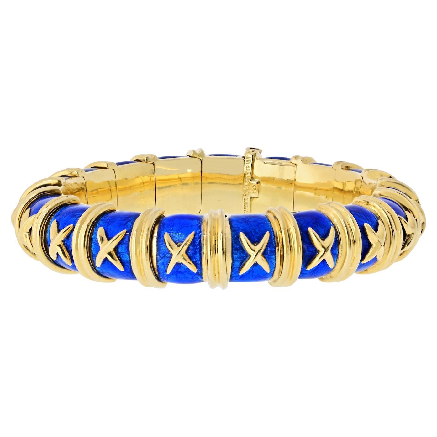 Tiffany
Co Oro amarillo de 18 quilates Pulsera Croisillon Jean Schlumberger de esmalte azul
