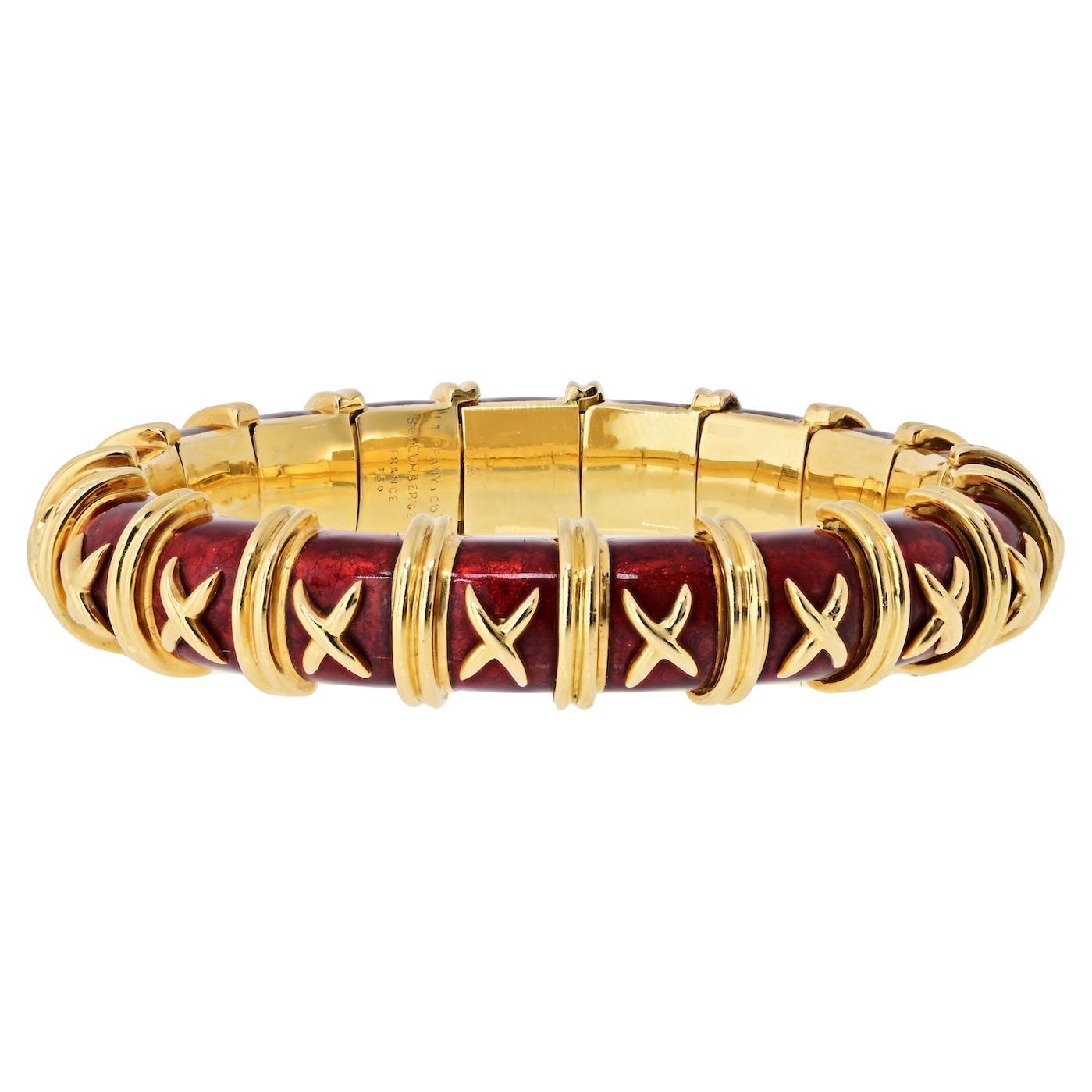 Tiffany & Co 18K Yellow Gold Jean Schlumberger Red Enamel Croisillon Bracelet