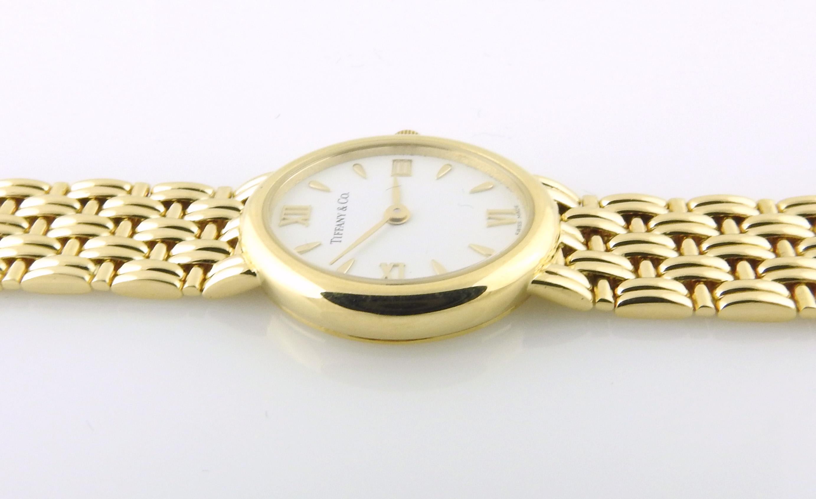 Tiffany & Co. 18k Yellow Gold Ladies Watch White Dial Basket Weave Band 3