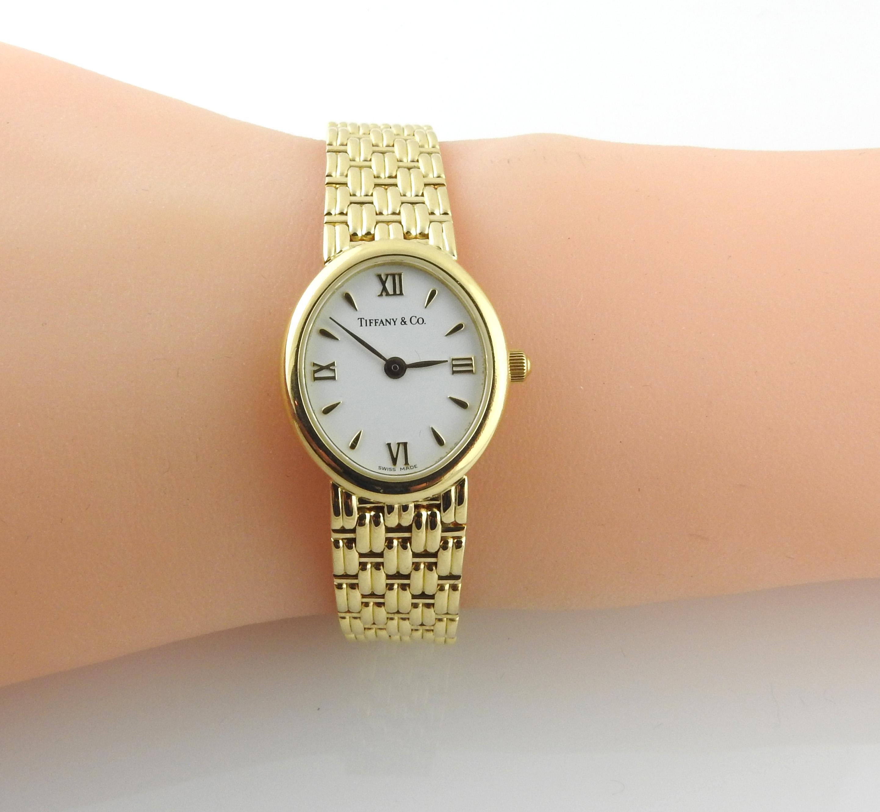 Tiffany & Co. 18k Yellow Gold Ladies Watch White Dial Basket Weave Band 4