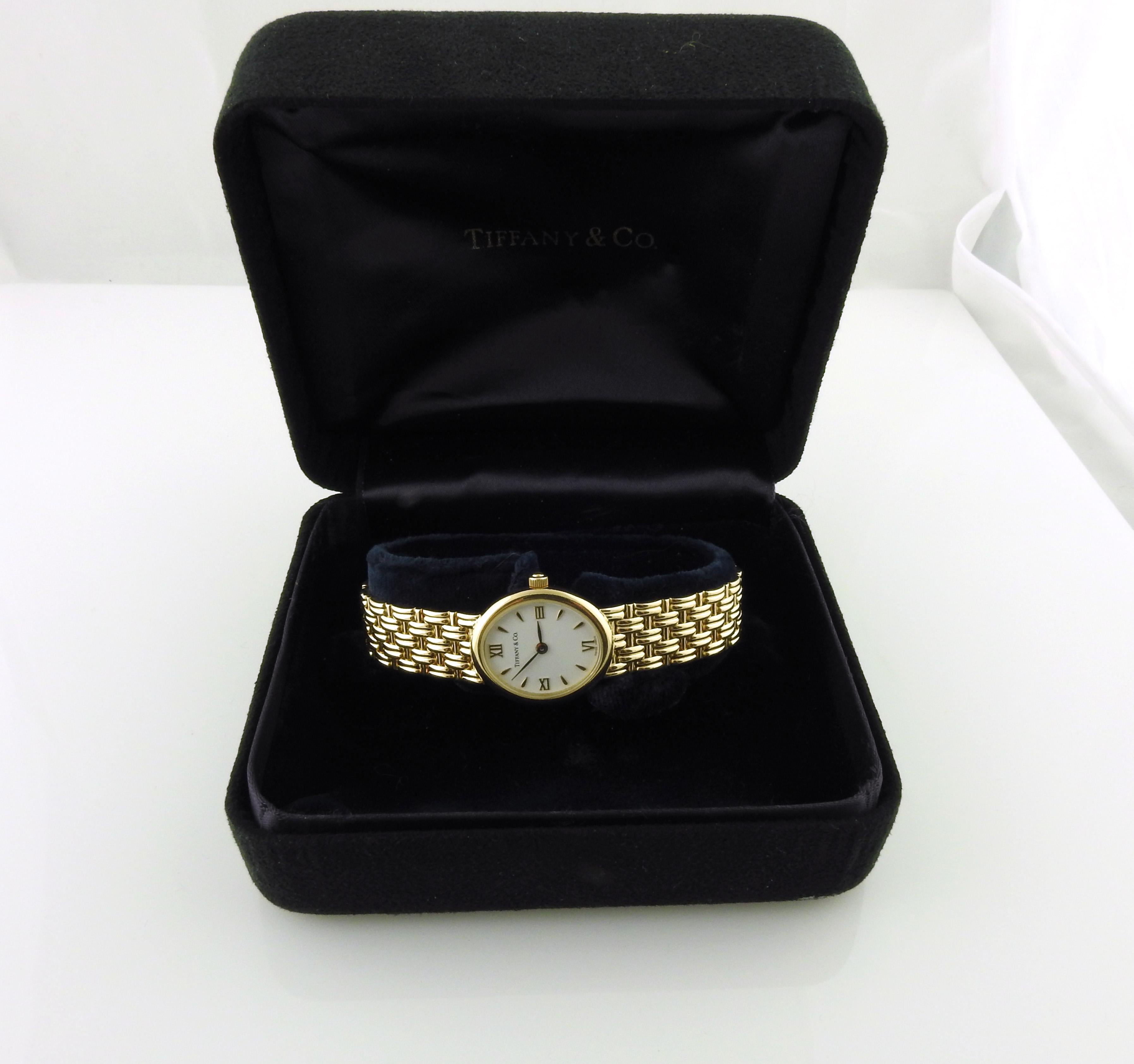 Tiffany & Co. 18k Yellow Gold Ladies Watch White Dial Basket Weave Band 5