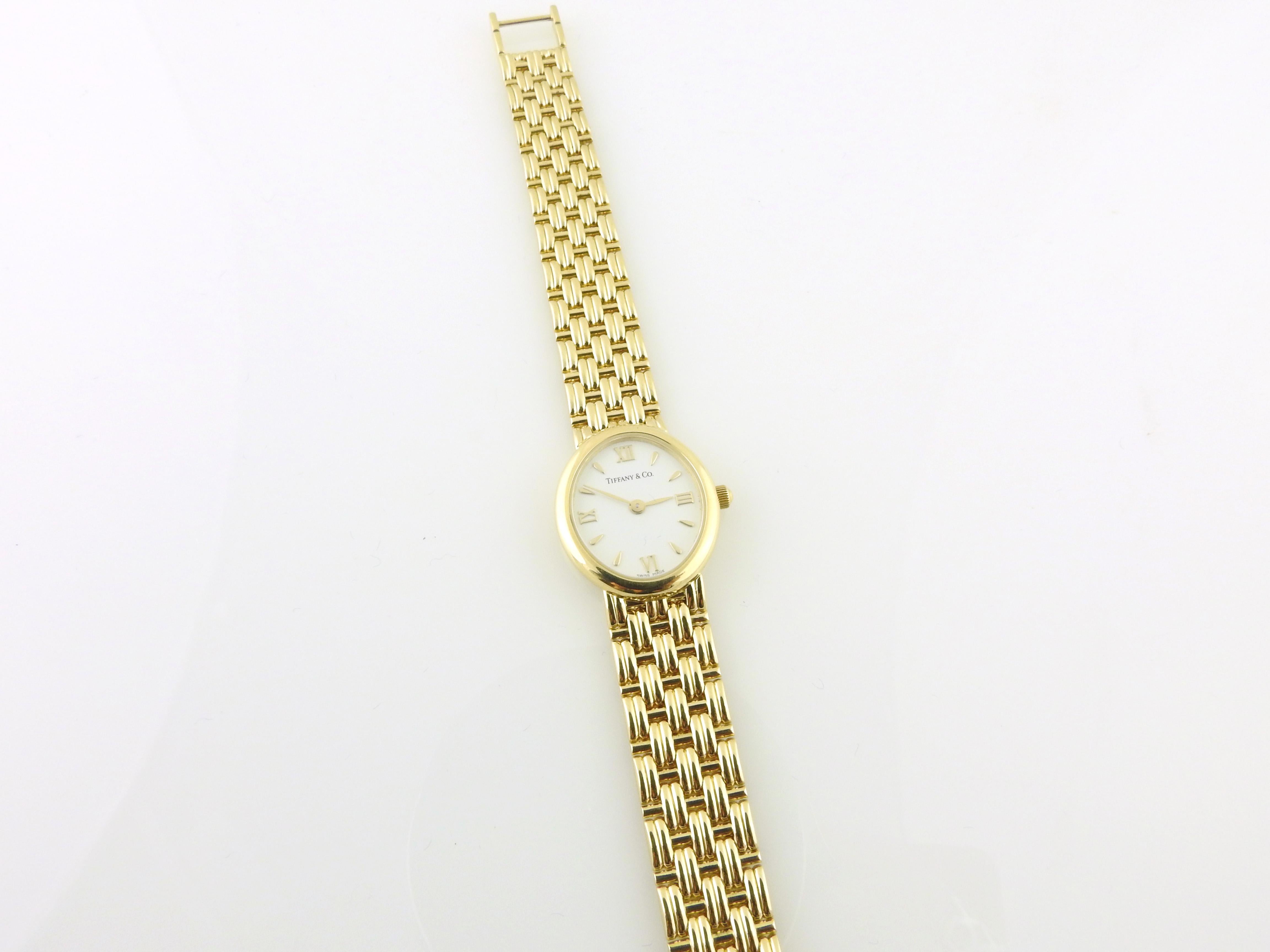 Tiffany & Co. 18k Yellow Gold Ladies Watch White Dial Basket Weave Band 1