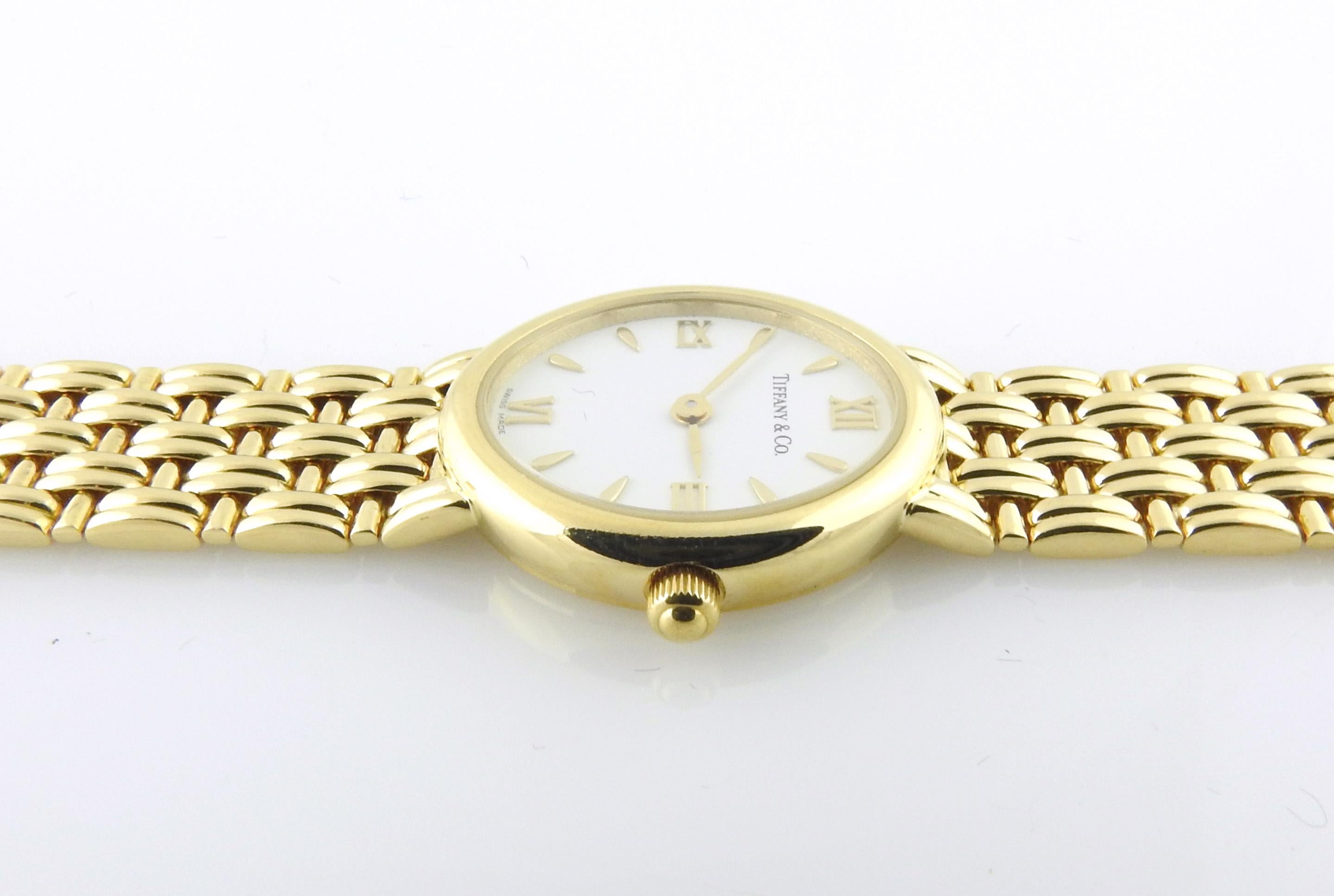 Tiffany & Co. 18k Yellow Gold Ladies Watch White Dial Basket Weave Band 2