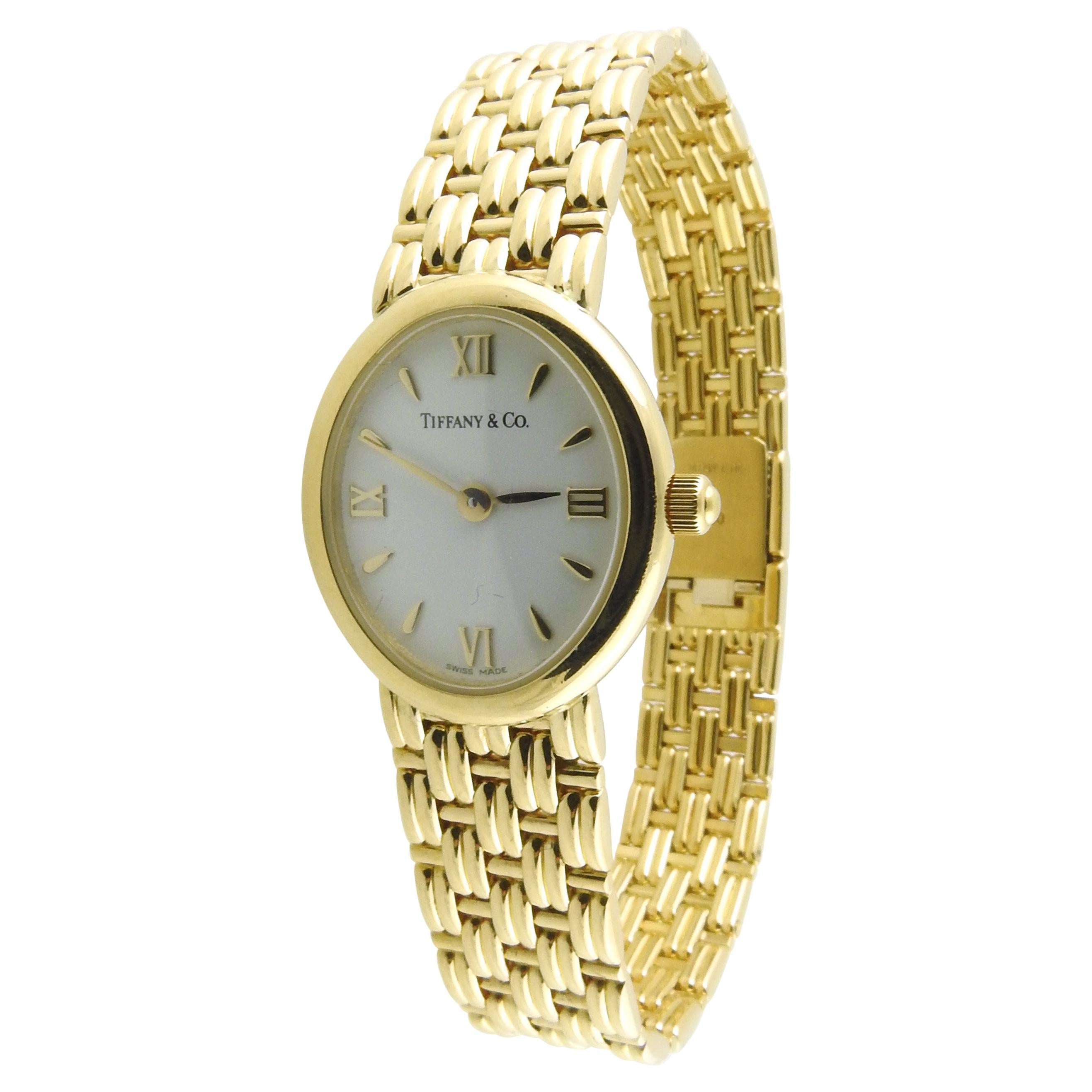 Tiffany & Co. 18k Yellow Gold Ladies Watch White Dial Basket Weave Band
