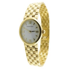 Vintage Tiffany & Co. 18k Yellow Gold Ladies Watch White Dial Basket Weave Band