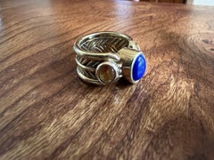 Tiffany & Co. 18k Yellow Gold, Lapis & Citrine Three Stone Ring Vintage W/Pouch