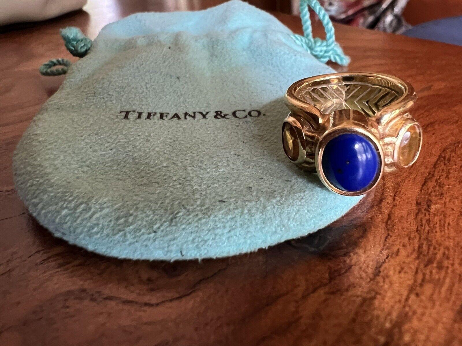Oval Cut Tiffany & Co. 18k Yellow Gold, Lapis & Citrine Three Stone Ring Vintage W/Pouch