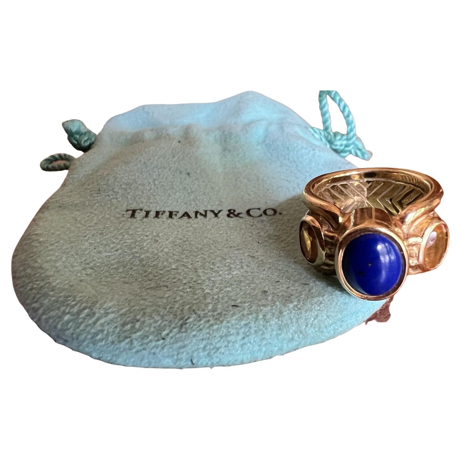 Tiffany & Co. 18k Yellow Gold, Lapis & Citrine Three Stone Ring Vintage W/Pouch