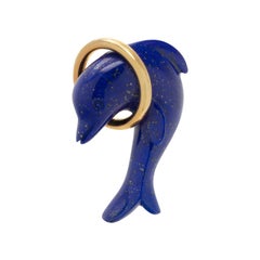 TIFFANY & CO. 18k Yellow Gold & Lapis Dolphin Pin Circa 1980s Vintage