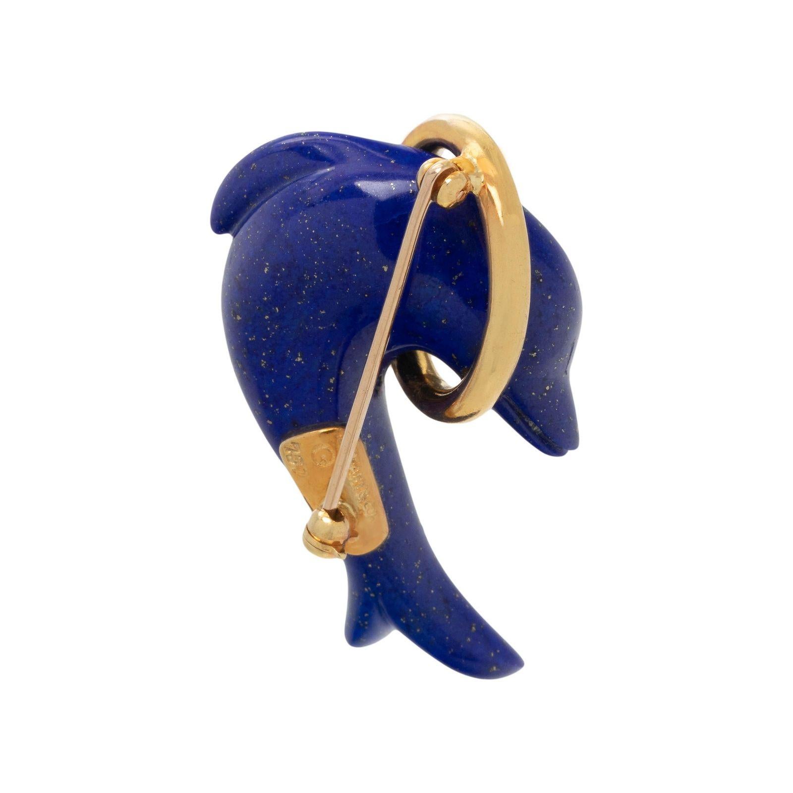 Round Cut TIFFANY & CO. 18k Yellow Gold & Lapis Dolphin Pin Circa 1980s Vintage
