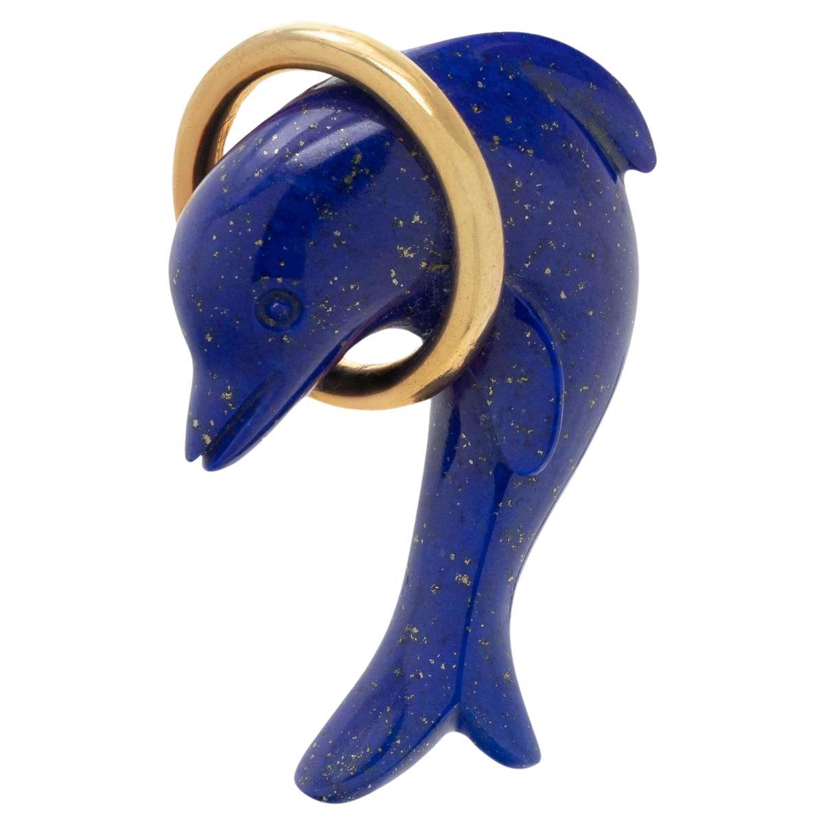 TIFFANY & CO. 18k Yellow Gold & Lapis Dolphin Pin Circa 1980s Vintage For Sale