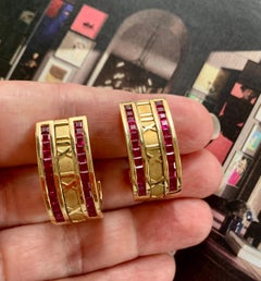 Tiffany & Co. 18K Yellow Gold Large Ruby Hoop Atlas Earrings, Circa 1995