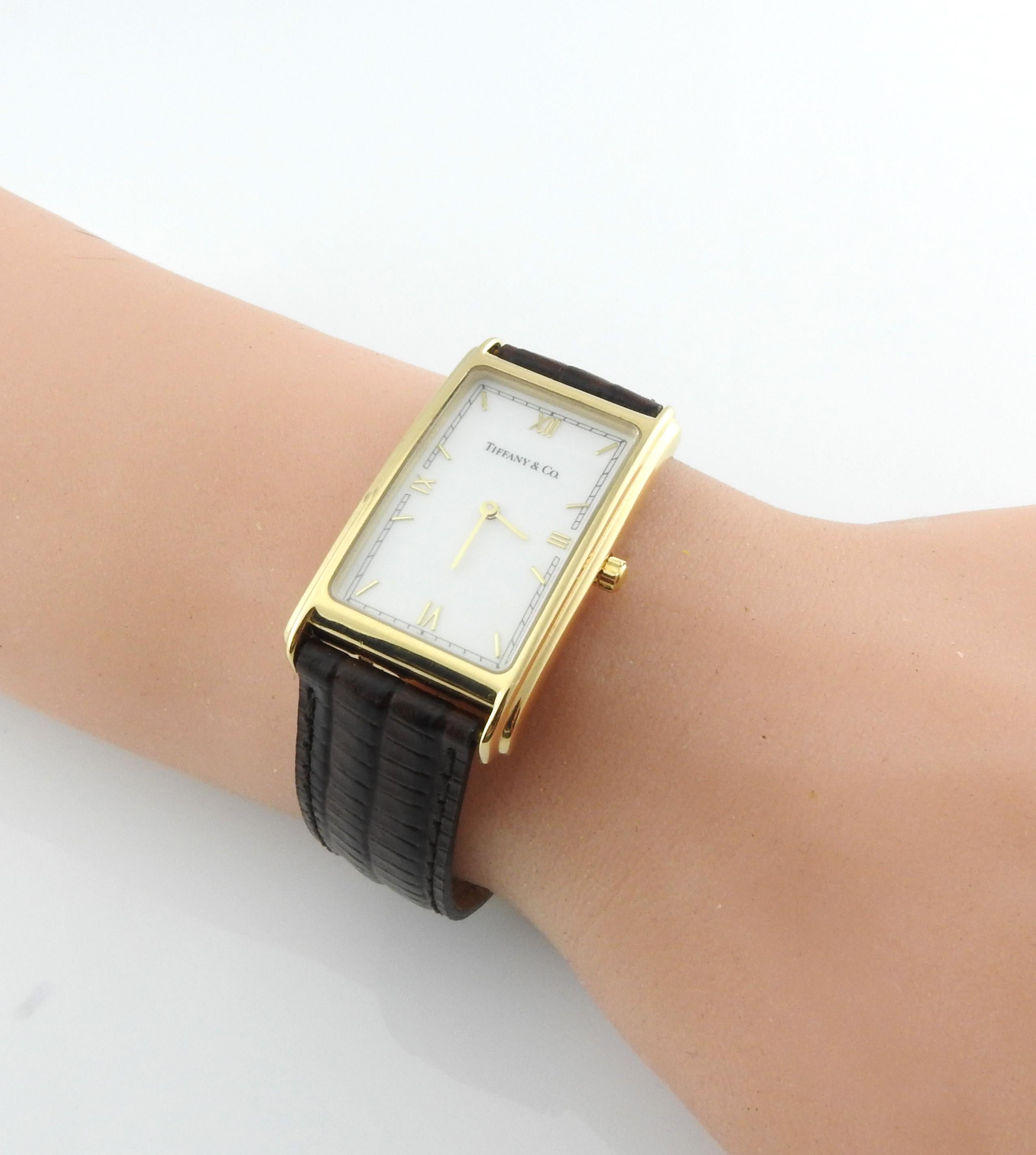 Tiffany & Co. 18 Karat Gold Men's Rectangular Watch White Dial Roman Markers 4