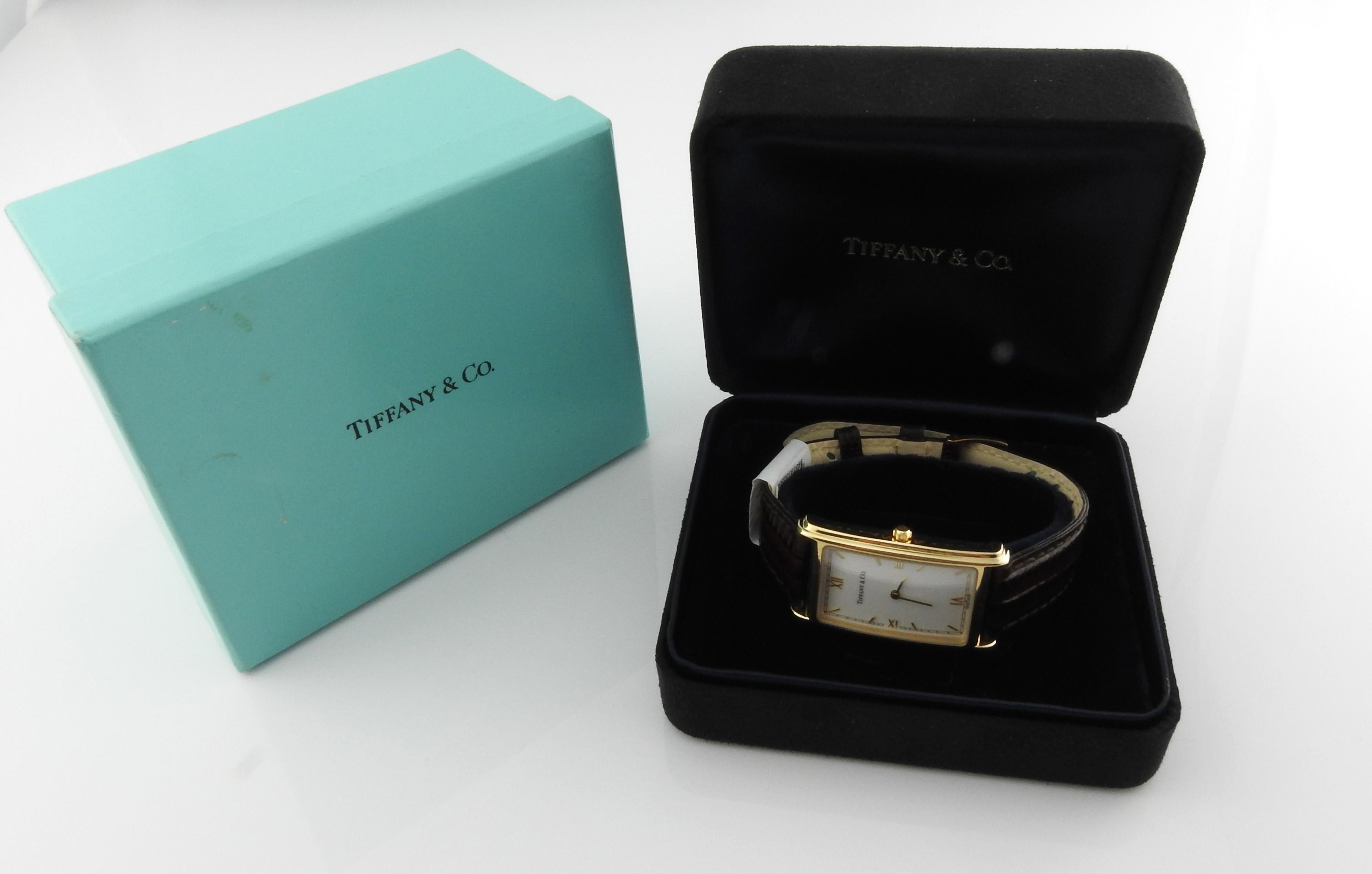 Tiffany & Co. 18 Karat Gold Men's Rectangular Watch White Dial Roman Markers 5