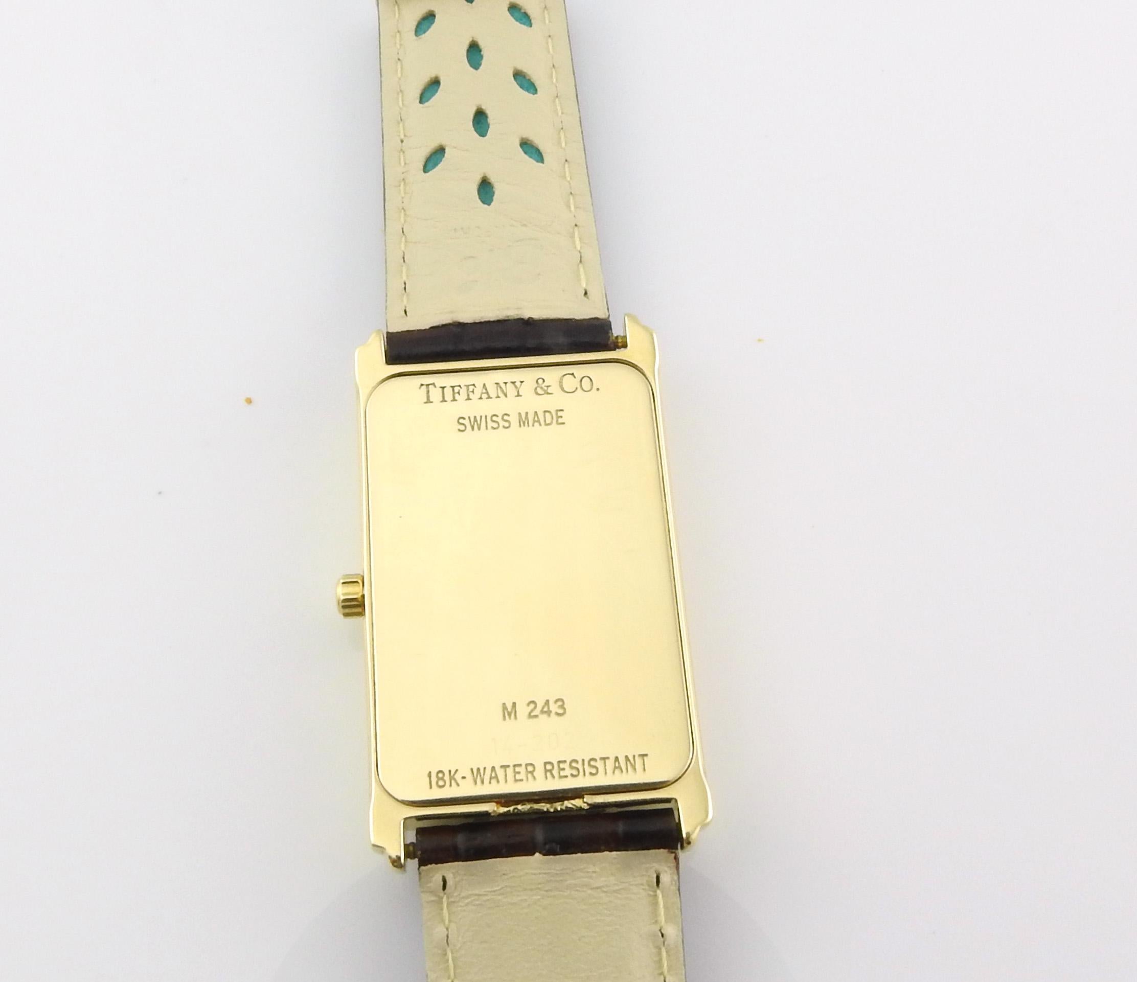 Tiffany & Co. 18 Karat Gold Men's Rectangular Watch White Dial Roman Markers In Good Condition In Washington Depot, CT