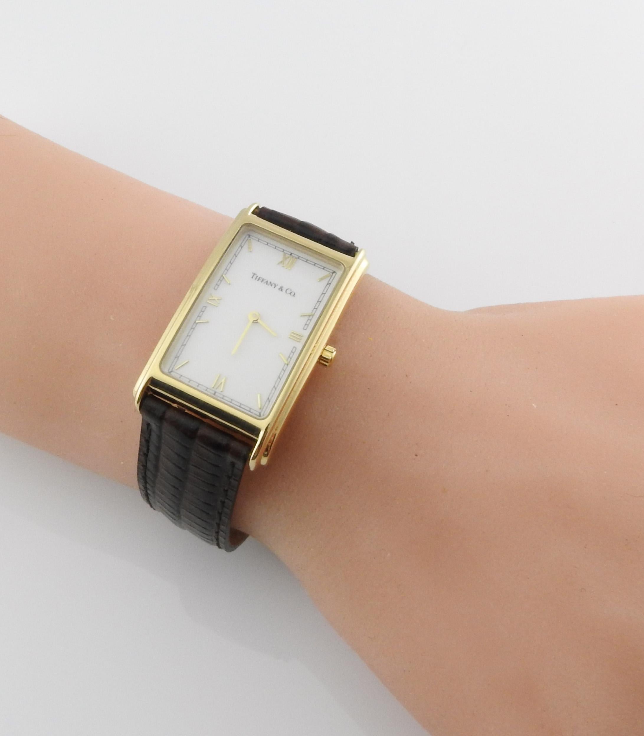 Tiffany & Co. 18 Karat Gold Men's Rectangular Watch White Dial Roman Markers 3