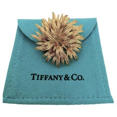 Tiffany & Co 18K Yellow Gold Modernist Sunburst Leaf Gold Pendant Brooch w Chain