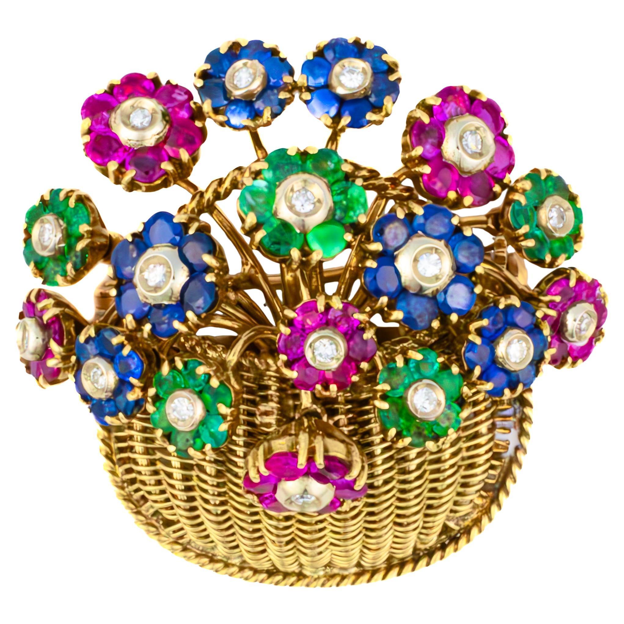 Tiffany 
Co. Broche panier fleuri en or jaune 18 carats multi-pierres précieuses