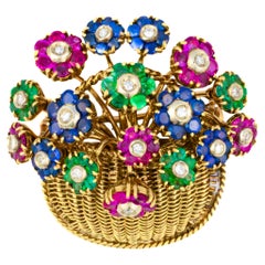 Tiffany 
Co. 18K Yellow Gold Multi-Gemstone Flower Basket Brooch
