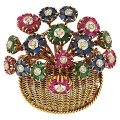 Tiffany & Co. 18K Gelbgold Multi-Edelsteine Blume Korb Brosche