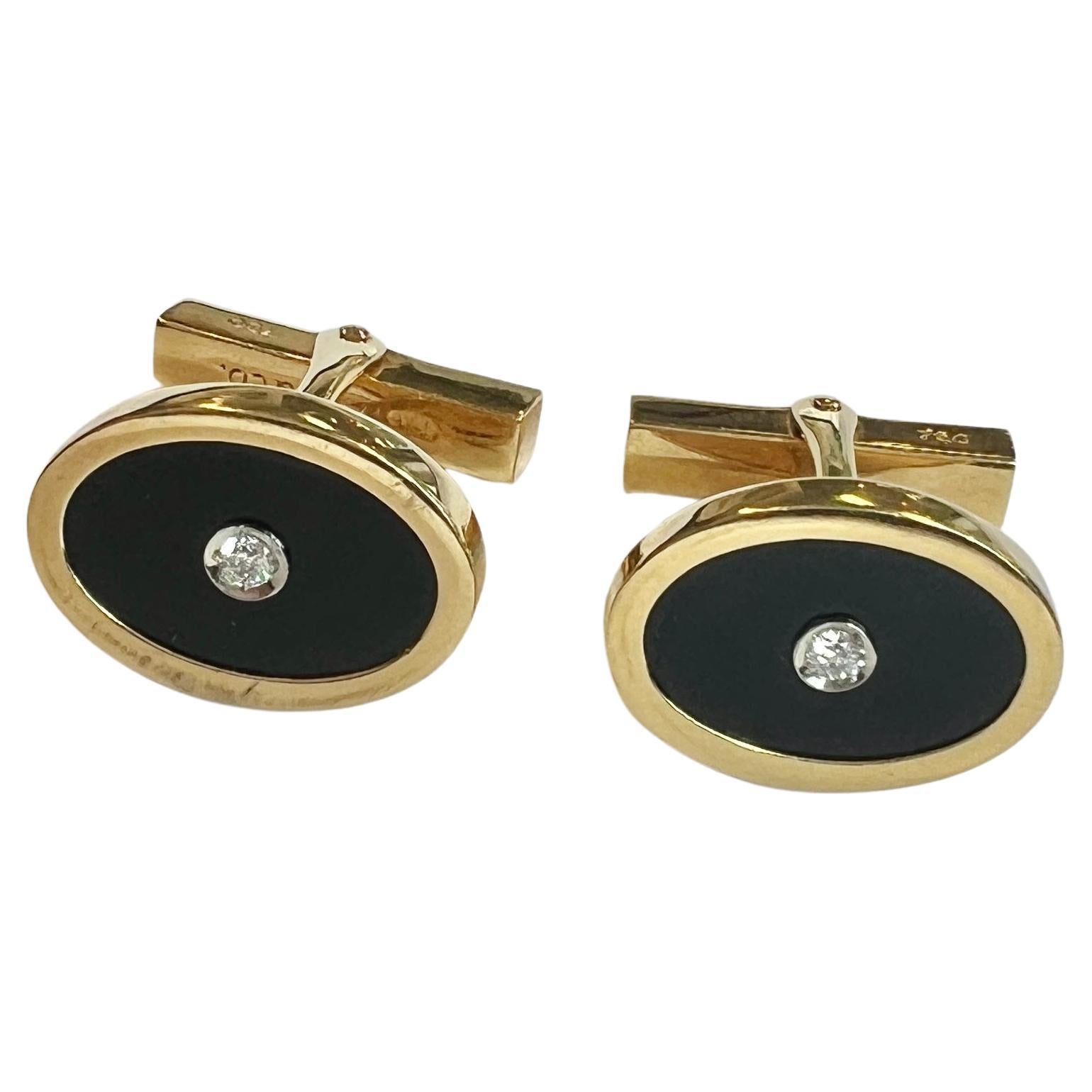 TIFFANY & Co. - 18K YELLOW GOLD OVAL BLACK ONYX + DIAMOND CUFFLINKS