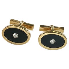 Vintage TIFFANY & Co. - 18K YELLOW GOLD OVAL BLACK ONYX + DIAMOND CUFFLINKS