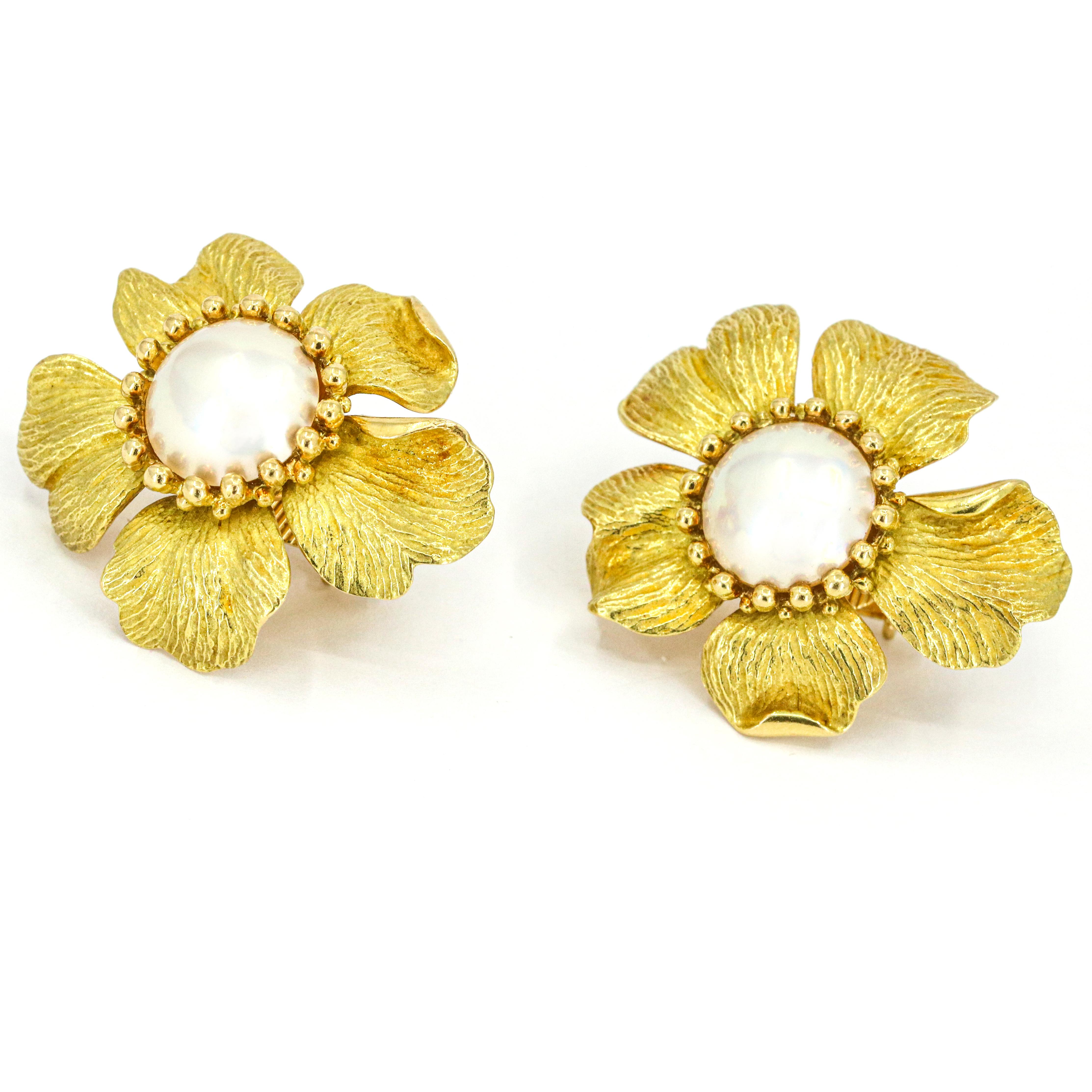 Tiffany & Co. 18 Karat Yellow Gold Pearl Rose Flower Earrings For Sale 2