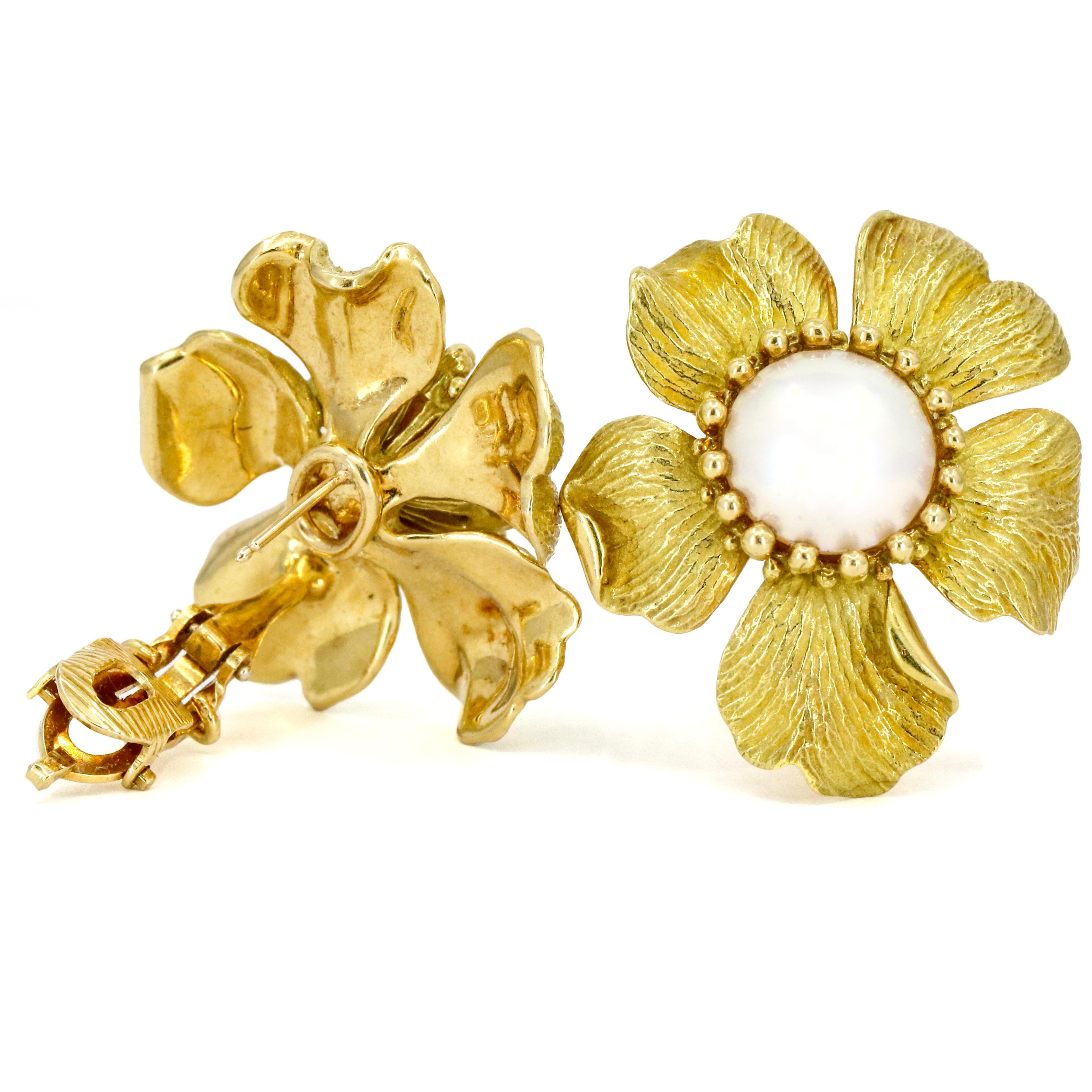 Tiffany & Co. 18 Karat Yellow Gold Pearl Rose Flower Earrings For Sale 3