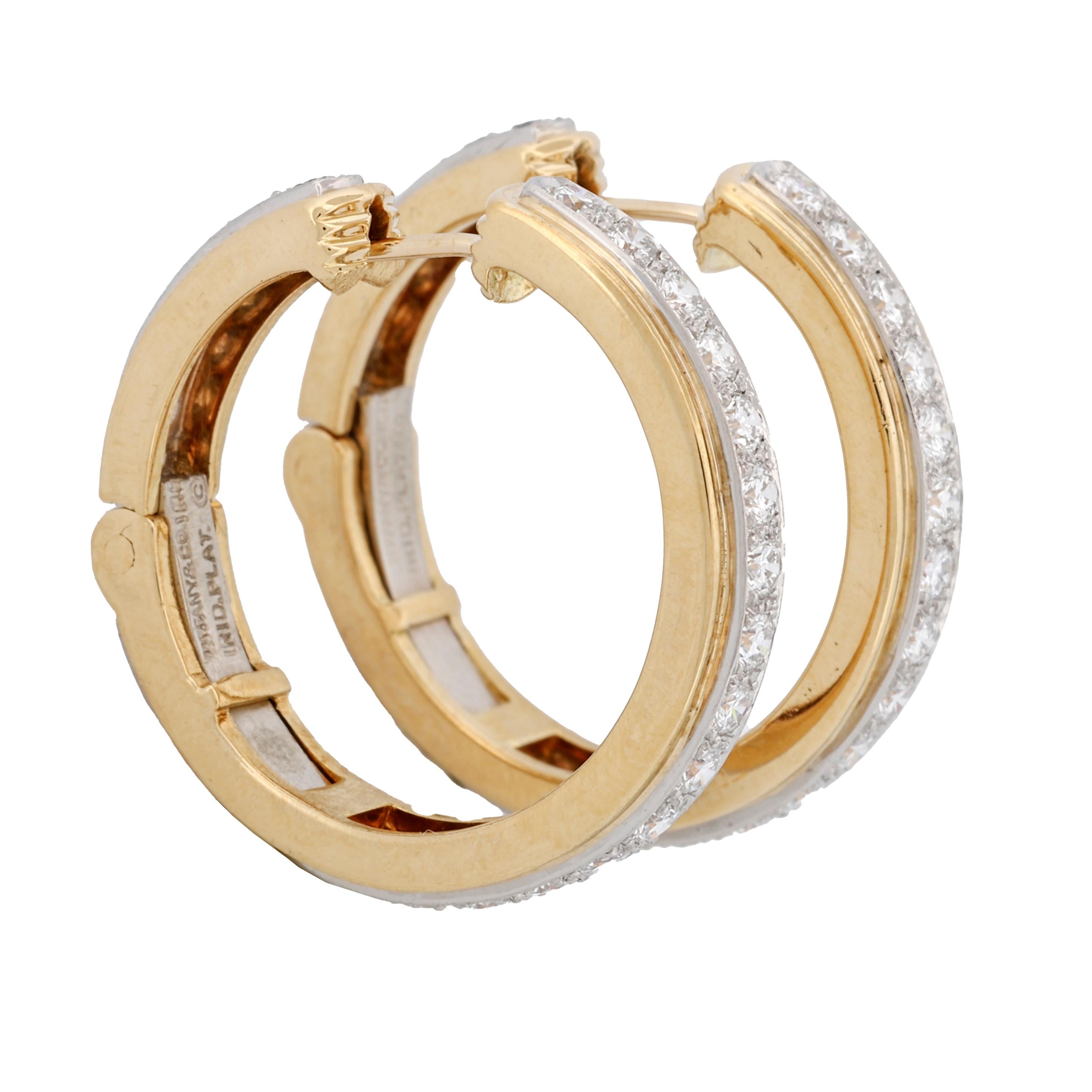 Contemporary Tiffany & Co. 18k Yellow Gold Platinum Diamond Hoop Earrings 1.50 ct