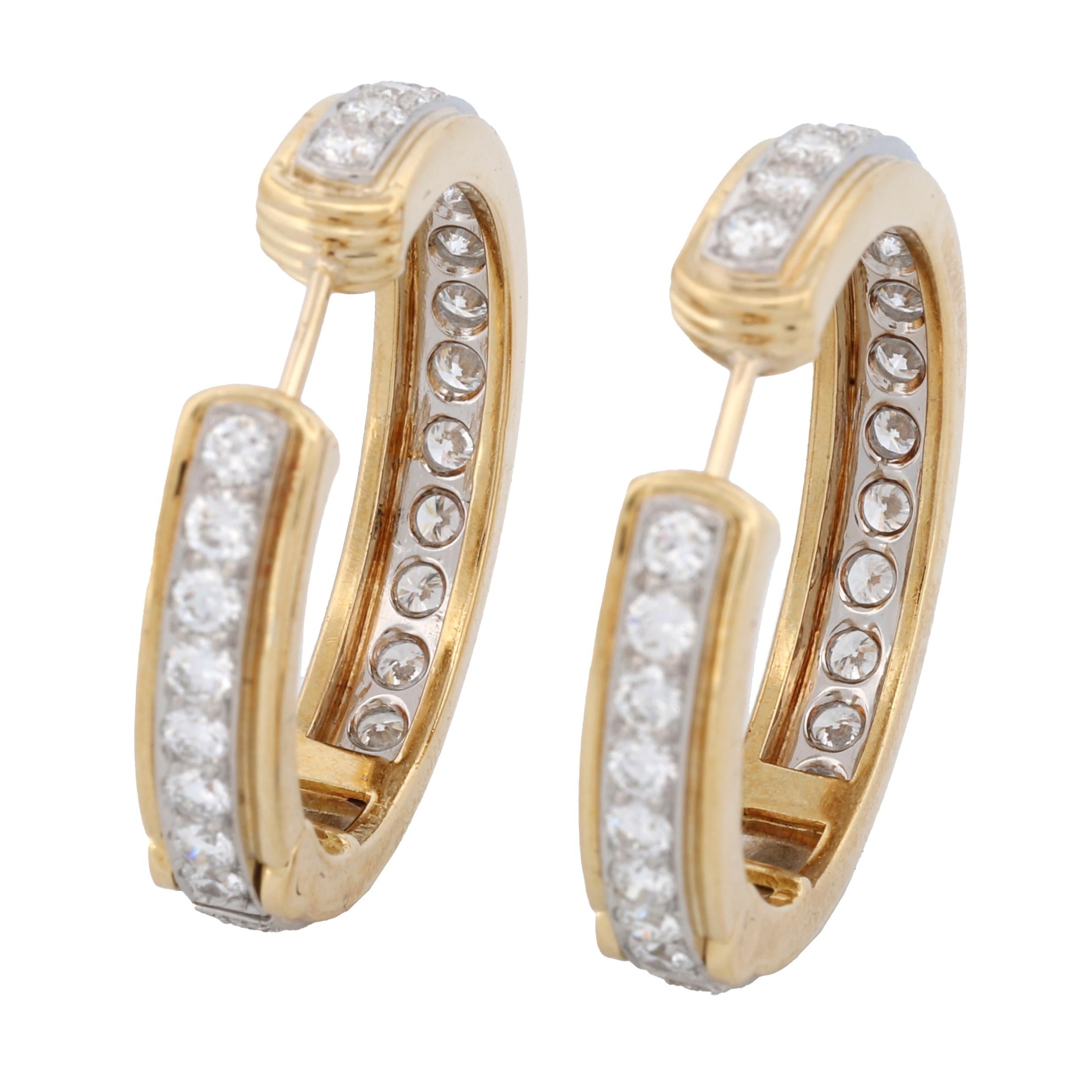 Round Cut Tiffany & Co. 18k Yellow Gold Platinum Diamond Hoop Earrings 1.50 ct