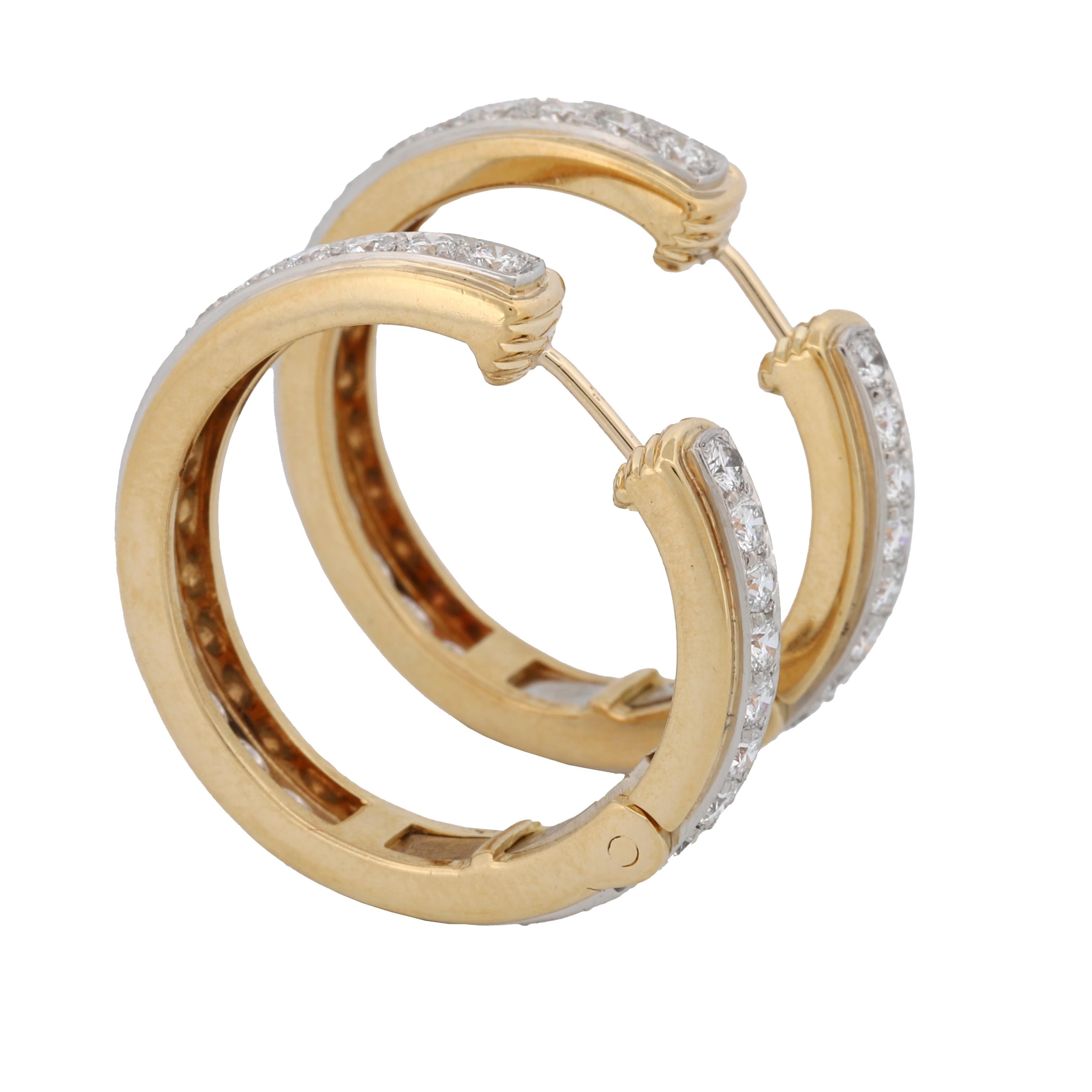 Tiffany & Co. 18k Yellow Gold Platinum Diamond Hoop Earrings 1.50 ct 1