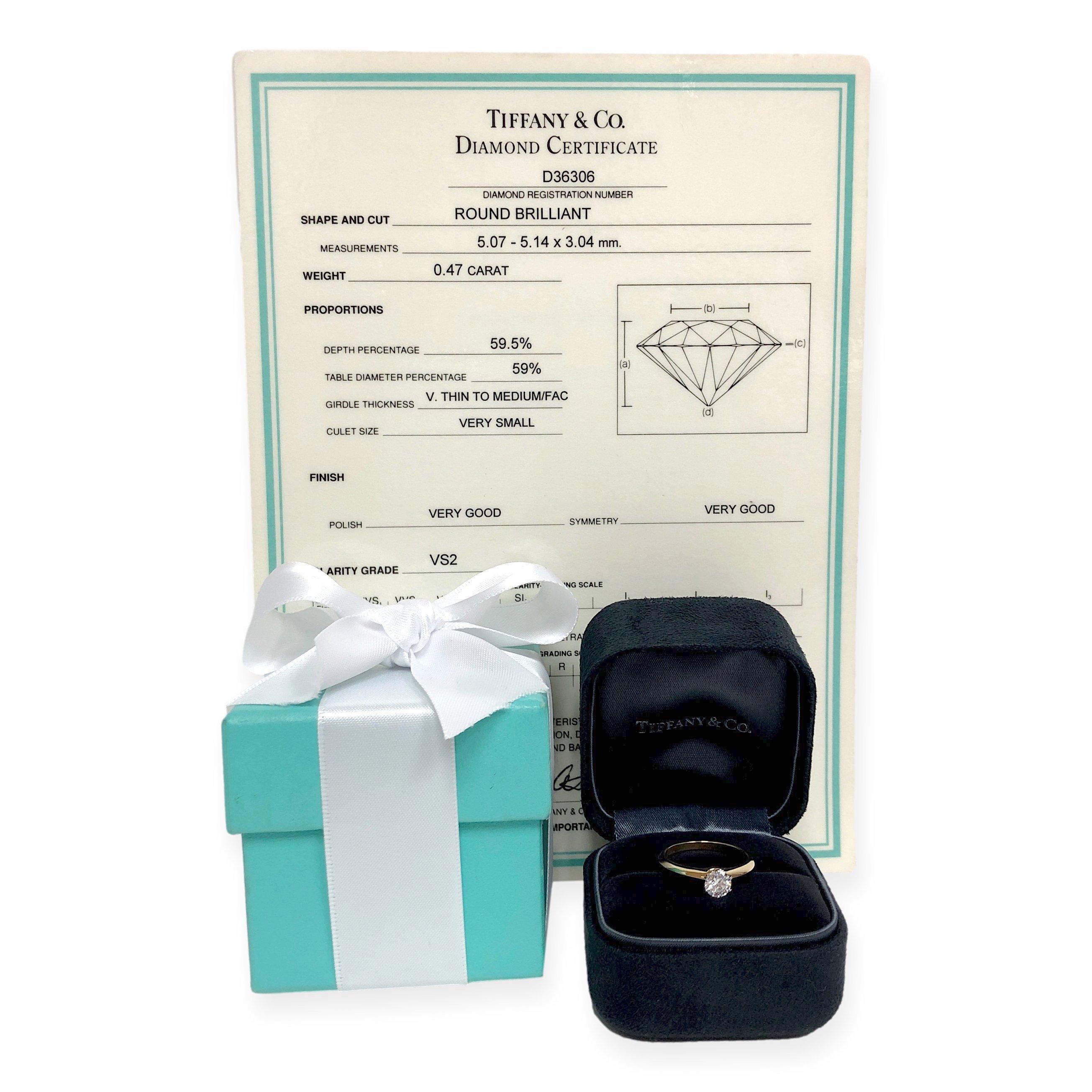 Tiffany & Co. 18K Yellow Gold Platinum Round Diamond Engagement Ring .47Ct HVS2 3