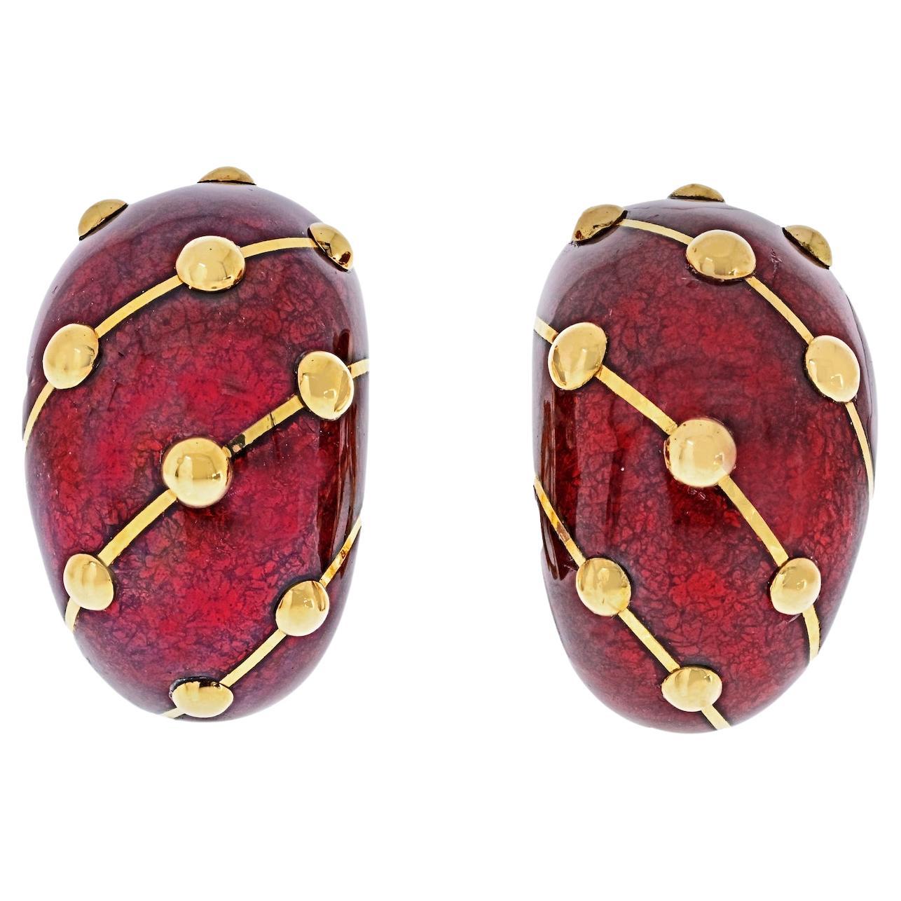 Tiffany & Co. 18k Yellow Gold Red Enamel Banana Jean Schlumberger Earrings For Sale