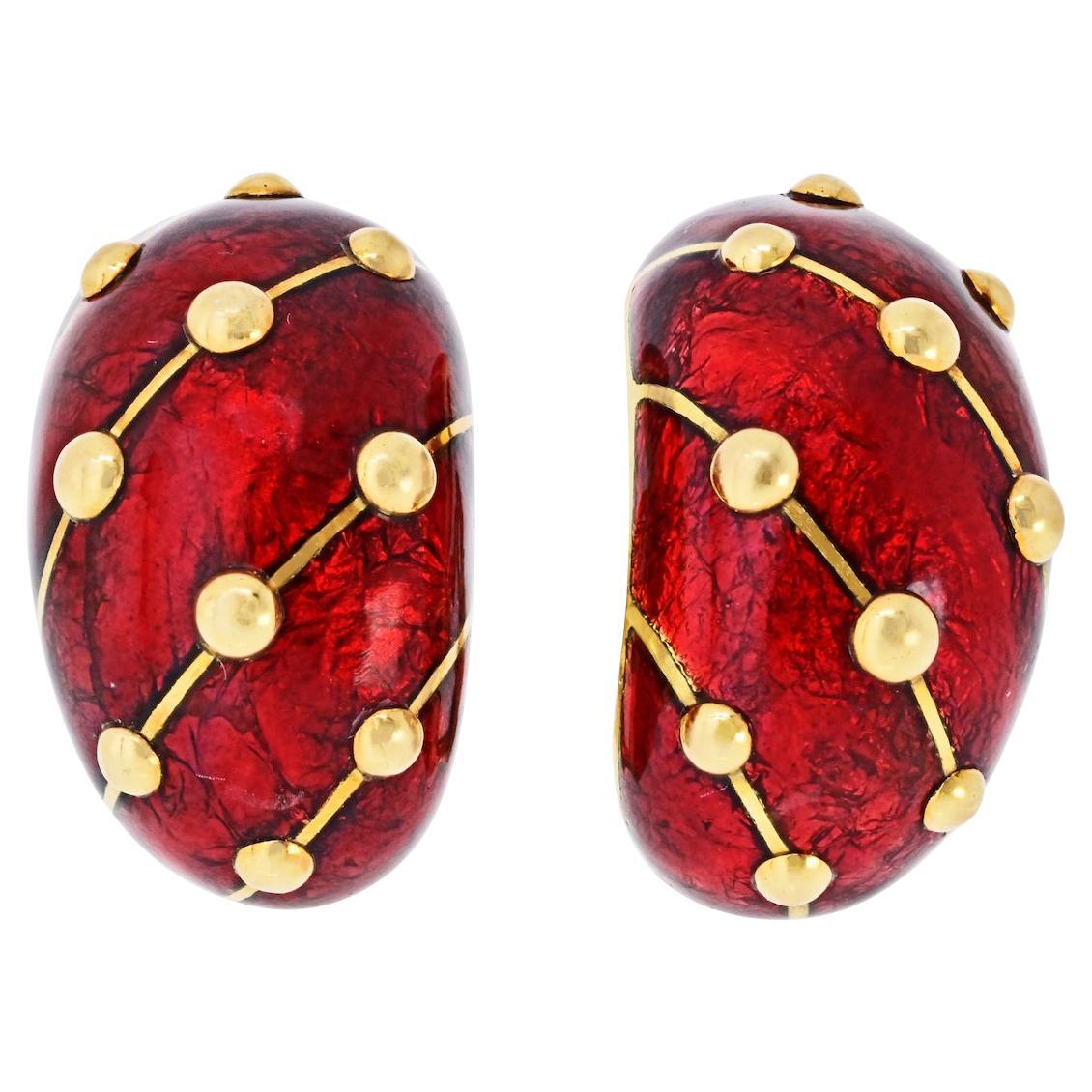 Tiffany & Co. 18k Yellow Gold Red Enamel Banana Jean Schlumberger Earrings For Sale