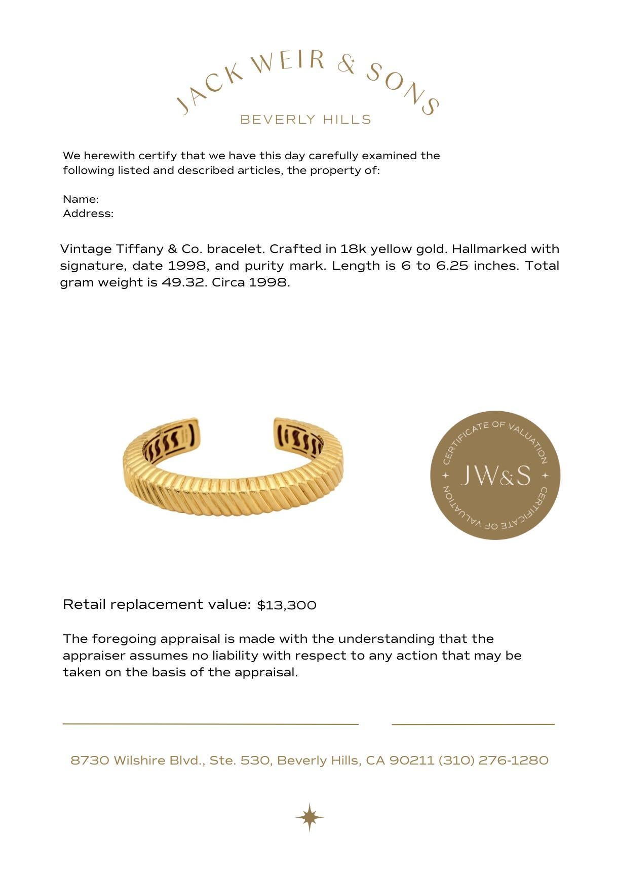 Women's Tiffany & Co. 18k yellow gold ribbed cuff bracelet For Sale