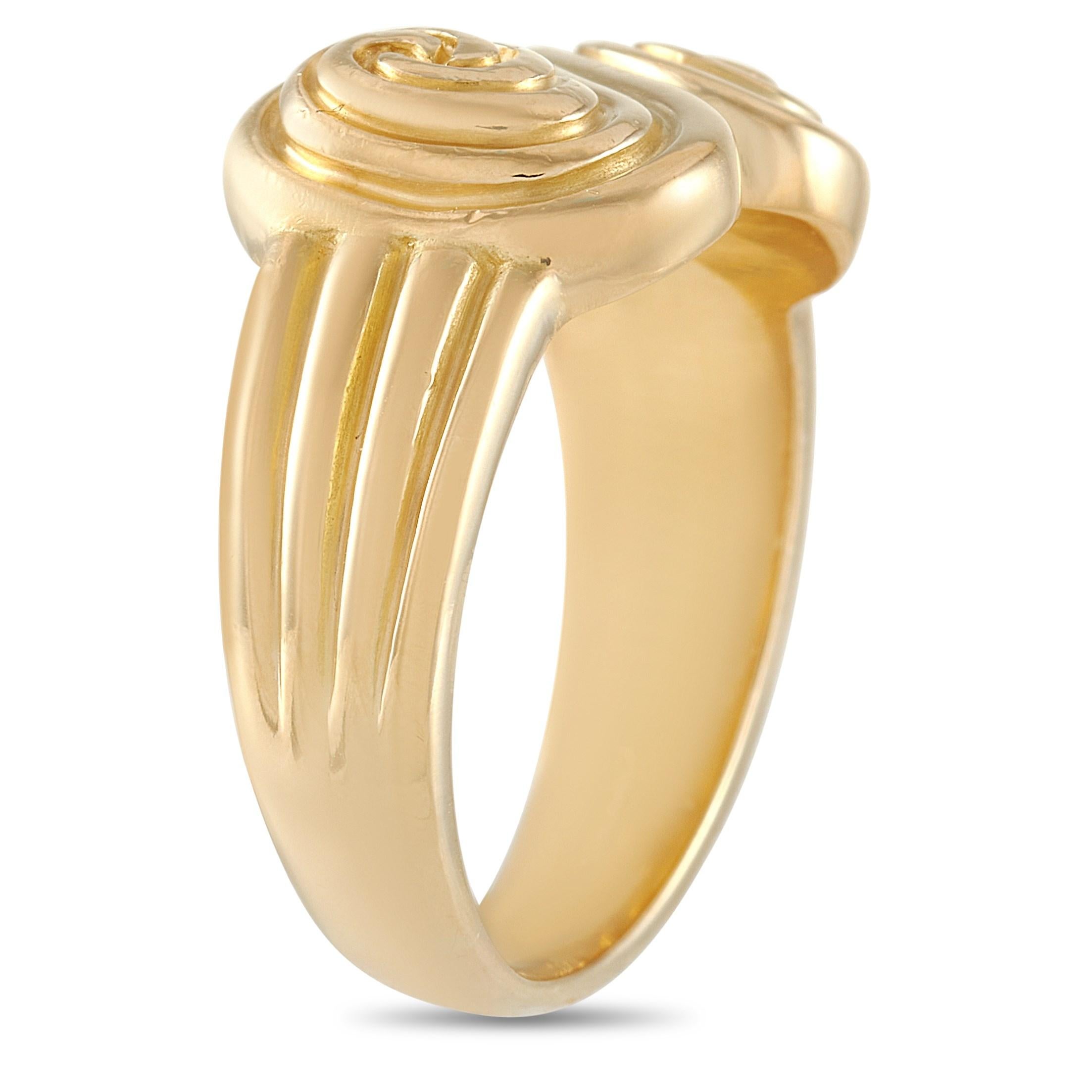 This Tiffany & Co. ring is crafted from 18K yellow gold. It’s unique, stylish, and beautiful. It weighs 9.7 grams and boasts of band thickness of 2mm, a top height of 3mm, and measures 10 by 15 mm. 
The ring is offered in estate condition and comes